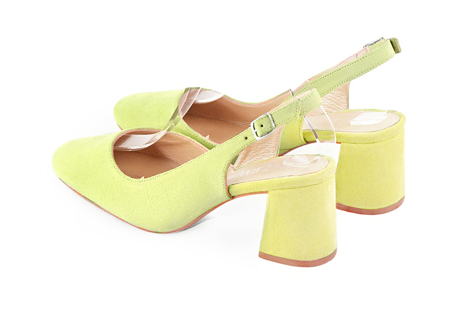 Dress slingback heels in pistachio green leather with medium flare heels and round toe - Rear view